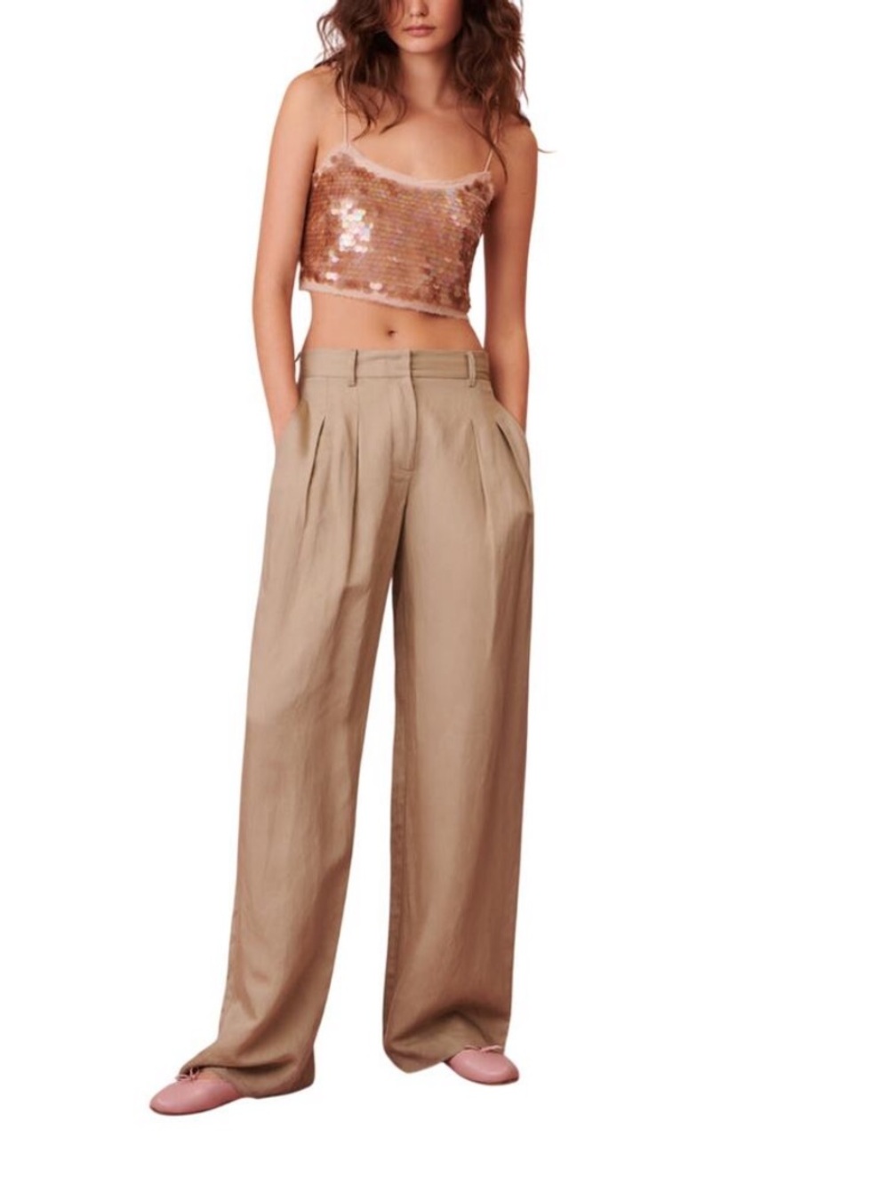 LoveShackFancy Beige Wide-Leg Pleated Trousers